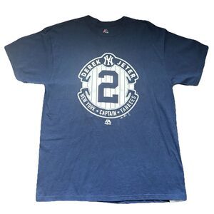 Derek Jeter NY Yankees Pinstripe Captain Majestic Men's Navy Jersey T Shirt SZ L